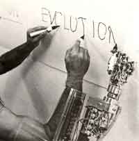 EVOLUTION (Writing one word simultaneously with 3 hands) STELARC Maki Gallery, Tokyo 1982 Photograph- Keisuke Oki.