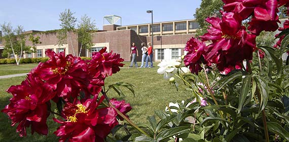 Students walk past flowers in front of Solon Campus Center.