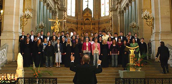 University Singers and Chamber Singers warm up for their performance in the L'eglise de la Trinité in Paris on May 19.