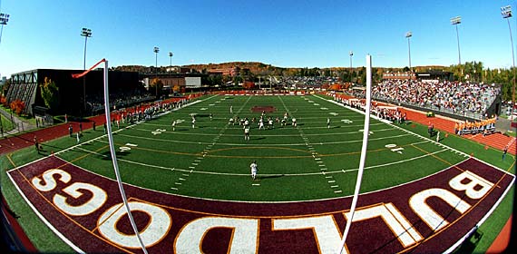 A capacity crowd fills Malosky Stadium as the UMD football team battles another opponent on Griggs Field. This is the 40th year the Bulldogs have called the stadium home.