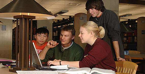 With wireless access and 395 network connections, the UMD Library is a popular spot for group study.