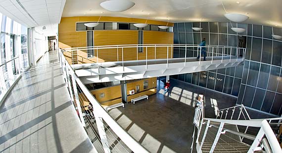 A two-story atrium unites the research and teaching labs in the James I. Swenson Science Building.