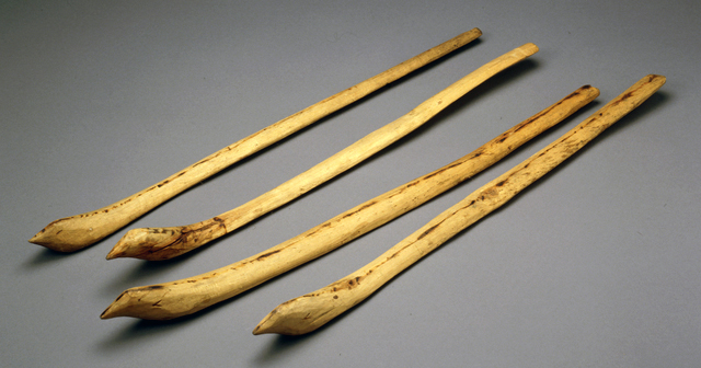 Ojibwe snow snake game pieces, not later than 1959.