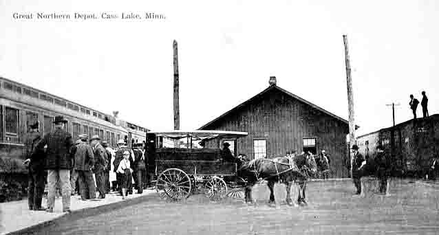 Passengers at Great Northern Depot, Cass Lake, ca. 1910.