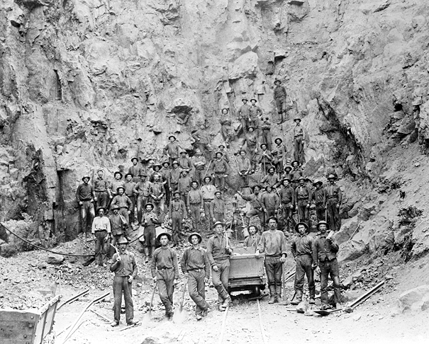Miners in the pit of the Tower-Soudan mine, 1890.