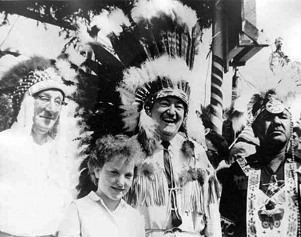 Louis Lerman with Senator Hubert H. Humphrey on the day Louis was adopted into the Minnesota Chippewa Tribe, 1962.