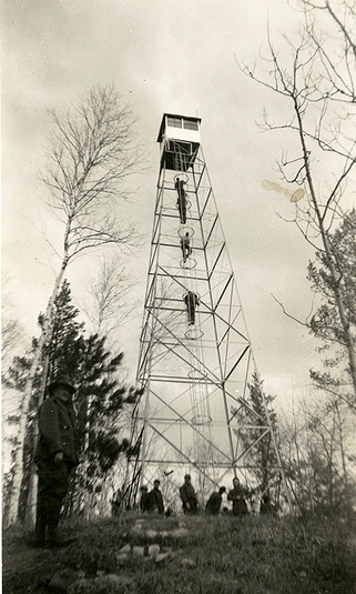 Forest fire watch tower, Civilian Conservation Corps Camp, Company 707, Chippewa National Forest, Deer River, ca. 1938.