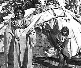 Chippewa Indian woman and child in front of wiigwaam, White Earth, ca. 1870.