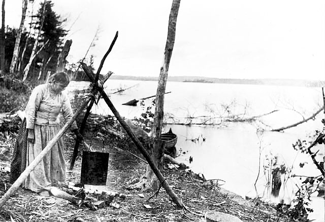 Ojibway woman preparing food at Mille Lacs Lake, ca. 1900.