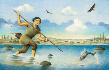 Kennewick Man fishing, illustration from Time, 13 March 2006.