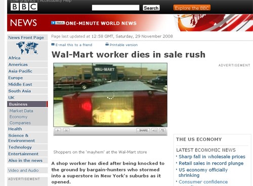BBC News headline, Wal-Mart worker dies in Black Friday sales rush.