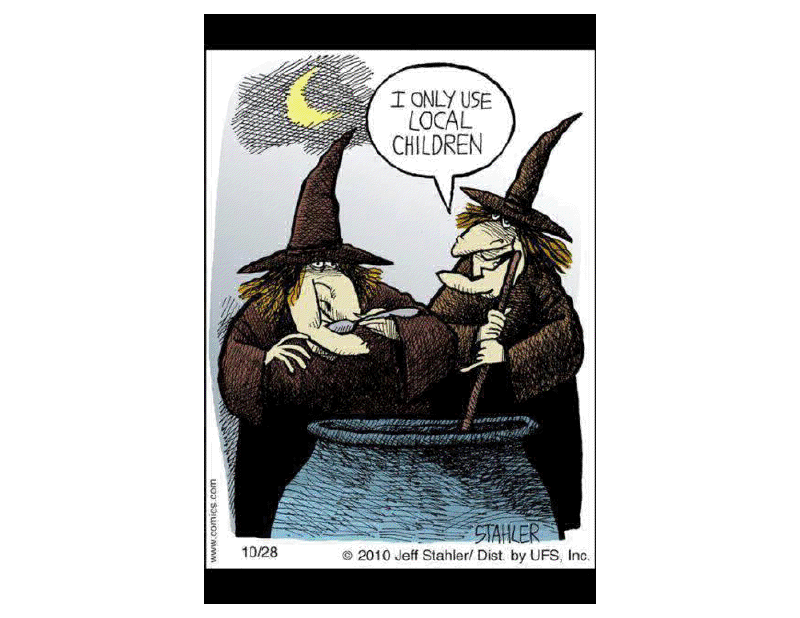 Locavore cartoon; two witches.