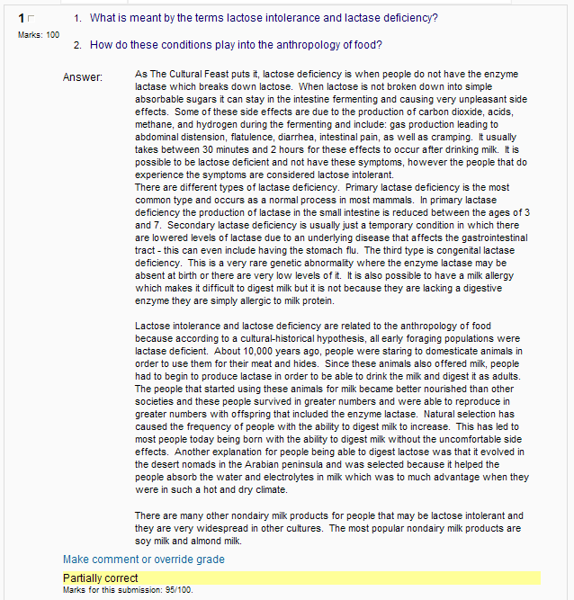 Quiz 1 sample question, from fall 2010, on lactose intolerance, score 95/100