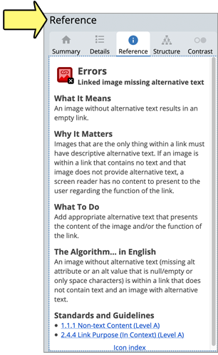 Screenshot: Documention in the sidebar explaning missing text alternative errors