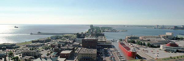 View of Lake Superior (to the left) and the DECC (to the right).