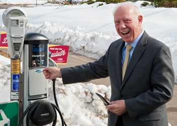 Former Congressman James Oberstar at Electric Vehicle Charging Station on March 15, 2013