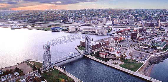 View of Duluth from Lake Superior overlooking the Aerial Lift Bridge and the harbor.