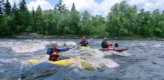 Three kayakers enjoying some rapids on a local river.