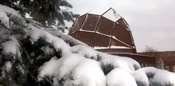 A fresh blanket of snow covers the Weber Music Hall.