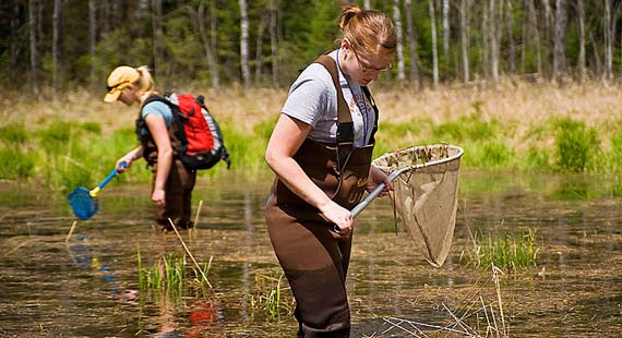 Biology students take class outside at Boulder Lake.