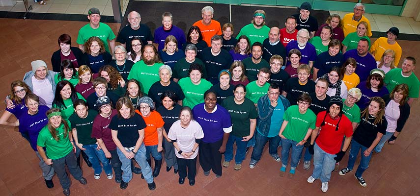 UMD students, faulty and staff show their support for equal rights by wearing "Gay, Fine By Me" t-shirts. Universities and colleges across the country are promoting this action, which allows a large number of people to express an anti-homophobic sentiment in a public way.