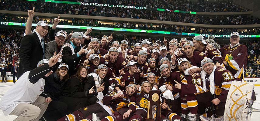 Bulldog fans around the world are celebrating as the Men's Hockey Team wins its first NCAA Div I championship. UMD scored 3:22 minutes into overtime for a 3-2 victory over Michigan on Saturday, April 9. The 'Dogs played for a sellout crowd of 19,222 at the Xcel Energy Center in St. Paul.