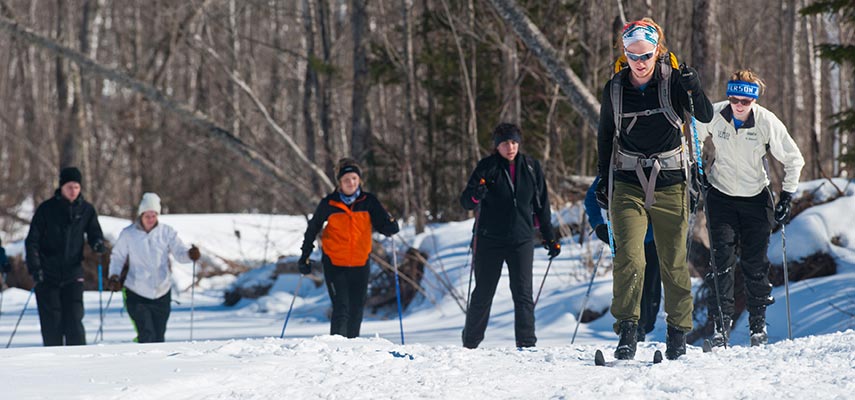 "Stream skiing" - UMD students in an outdoor program class ski on the Sucker River near Two Harbors, Minn.