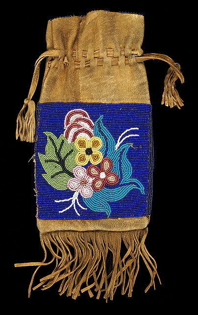 Ojibwe glass-beaded leather drawstring bag with "black bead," ca. 1900.