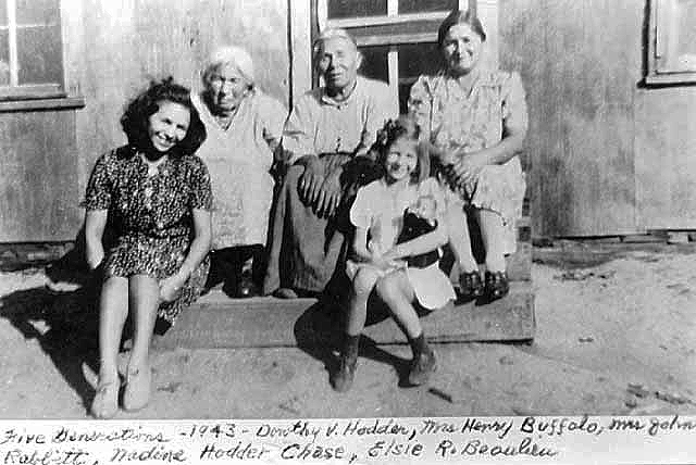 Five generation portrait: Dorothy Veronica Hodder, Mrs. Henry Buffalo, Mrs. John Rabbit, Nadine Hodder Chase, and Elsie R. Beaulieu, 1943.