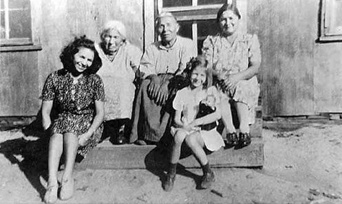 Five generation portrait: Dorothy Veronica Hodder, Mrs. Henry Buffalo, Mrs. John Rabbit, Nadine Hodder Chase, and Elsie R. Beaulieu, 1943.
