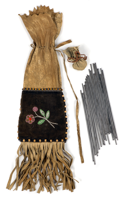 jibwe moccasin game bag with steel rods, probably ca. 1900-1925.
