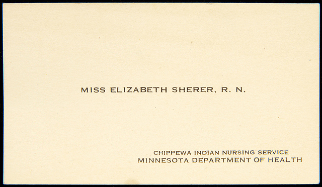 Business card used by Elizabeth Sherer Russell during her time spent in the "Chippewa Indian Nursing Service," ca. 1923 - ca. 1931. 