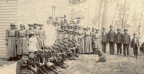 St. John's Church and Sunday School children, Onigum, Leech Lake Agency, ca. 1900.