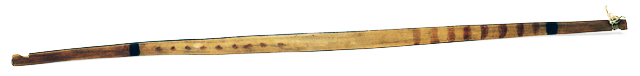 Ojibwe wooden bow made by Ajawi-gizhick (Crossing Sky), White Earth Nation, ca. 1890.