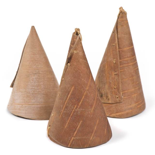 Ojibwe birchbark maple sugar cones filled with maple sugar, Grand Portage, pre-1930.
