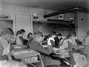 Intermediate students in an Indian boarding school at Beaulieu, Minnesota, ca. 1900.