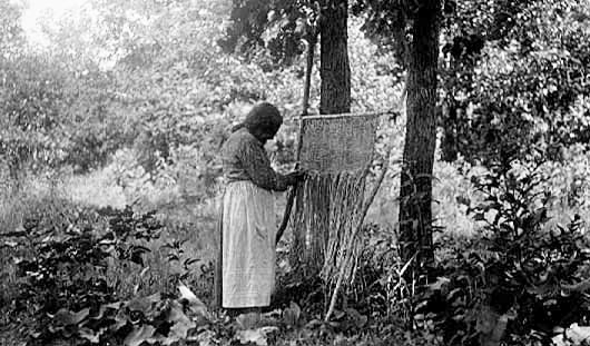 Indian woman weaving bull rush mat, ca. 1910.