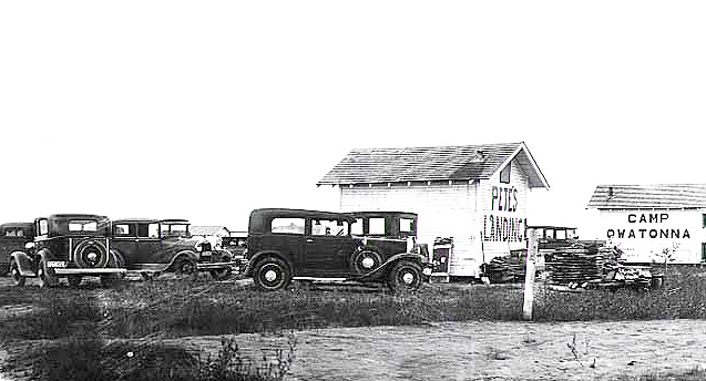 Cars at boat landing, Lake Winnibigoshish, ca. 1930.