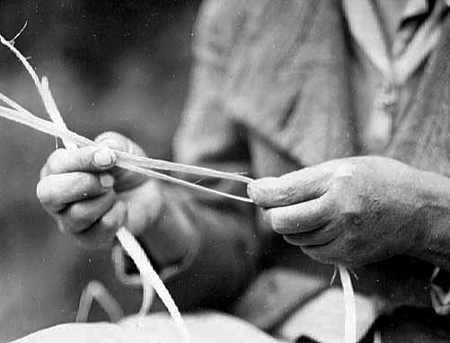 Maude Kegg splitting basswood bark to make wiigob for basketmaking, Mille Lacs, 1947. 