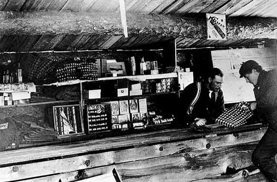 Lumberjack looking at a shirt in the camp store, Pine Island area, Big Falls, 1900 - 1902.