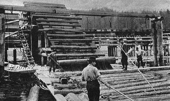 Loading logs from boom to cars by means of steam hoist with endless chain, The Virginia & Rainy Lake Co., Virginia, ca. 1928.