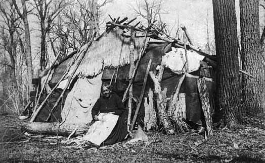 Exterior of sugar camp on an Indian reservation, 1890.