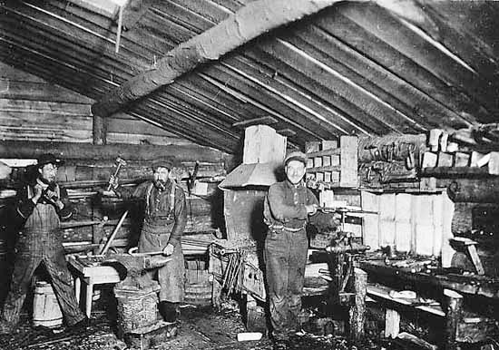 Blacksmith shop, Page-Hill Company camp near Bemidji, ca. 1895.