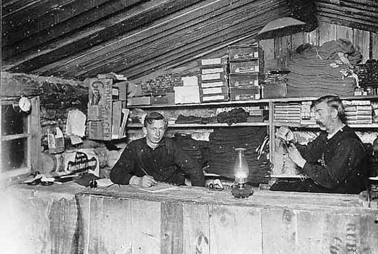 umberjacks in company store, Page-Hill logging camp near Bemidji, ca. 1895.