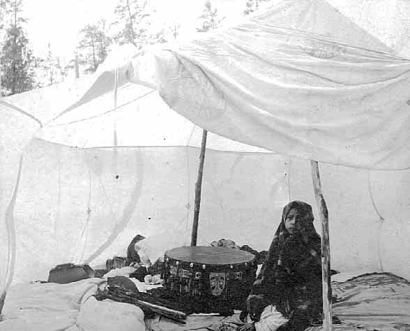 Ojibway boy and drum, ca. 1900.