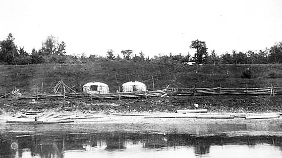 Chippewa settlement -- two bark houses, fences, etc., Lake of the Woods, 1913.