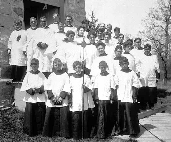 Indian choir at St. Columba Church, White Earth Indian Reservation, ca. 1910.