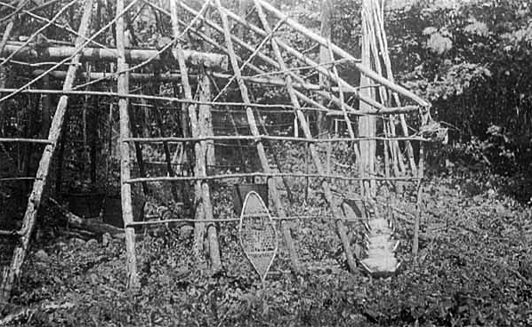 Frame of a maple sugar lodge, ca. 1918.
