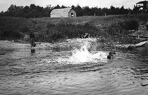Boys swimming, Mahnomen County, Red Lake Indian Reservation, 1940.