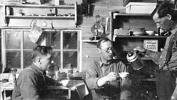 Interior of a logging camp, 1921.